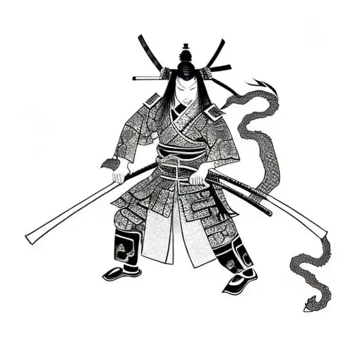 Samurai And A Dragon In The Background