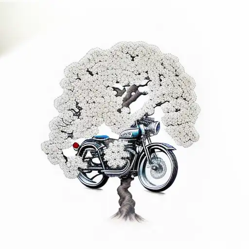 A Motorcycle And A Cherry Blossem Tree