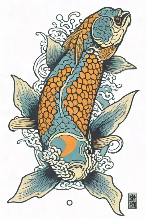 Carp In Realistic Blue And Orange Color And Mitsutomoe Symbol