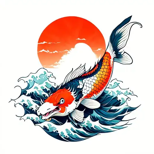 Koi Fish With Dragon Face Japanese Waves And A Rising Sun