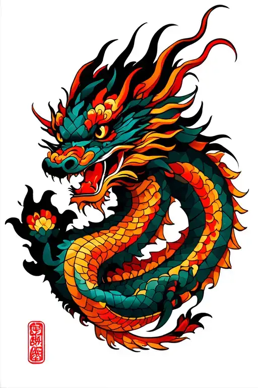 Japanese Style Dragon With Geotribal Lines Within The Dragon