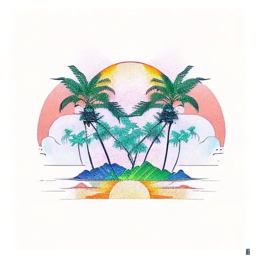 Two Palm Trees In A Frame With A Colored Sun