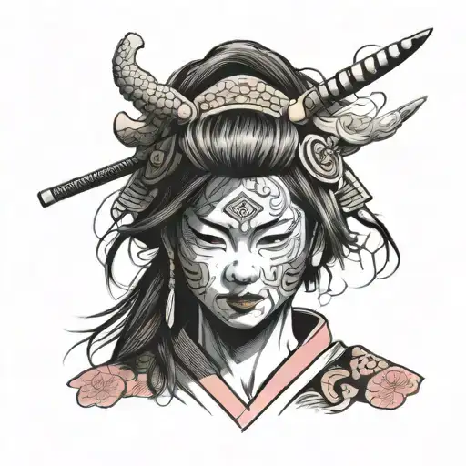 Young Female Samurai Taking Off A Mask
