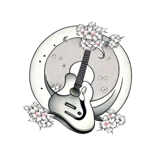 Guitar With Crescent Moon And Cherry Blossoms And Stars