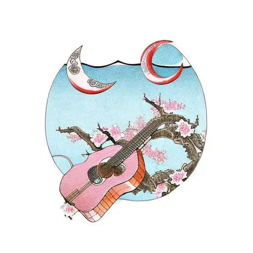 Guitar With Crescent Moon And Cherry Blossoms And Stars