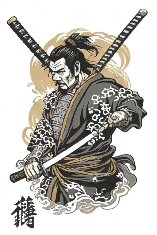 A Samurai With The Katana Stored And Behind An Elegant Background