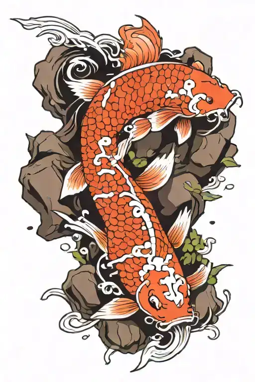 Koi Fish Swimming With A Japanese Temple By The Water With A Samurai Sitting On A Rock