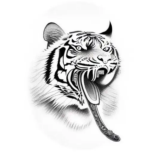 A Fierce Tiger Wielding A Sword In Its Mouth