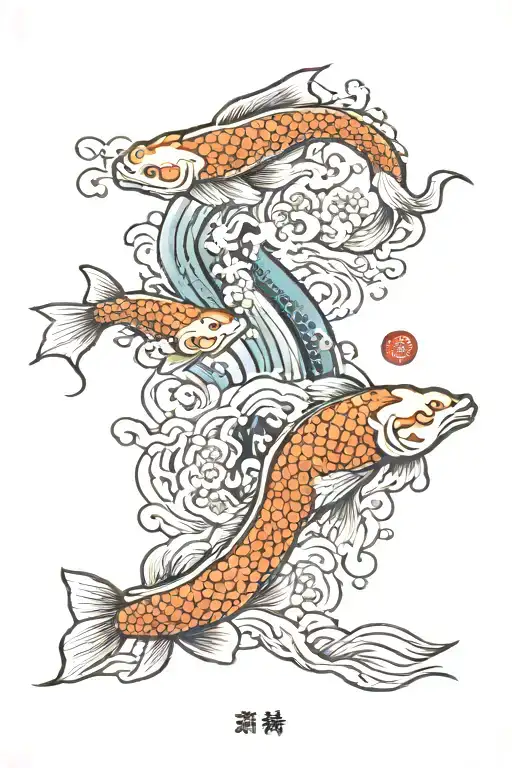 Yakuza Tatto Cherry Tree Samurai Three Koi Fish Swimming