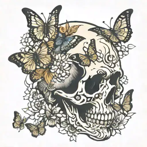 Skull In Profile With Butterflies