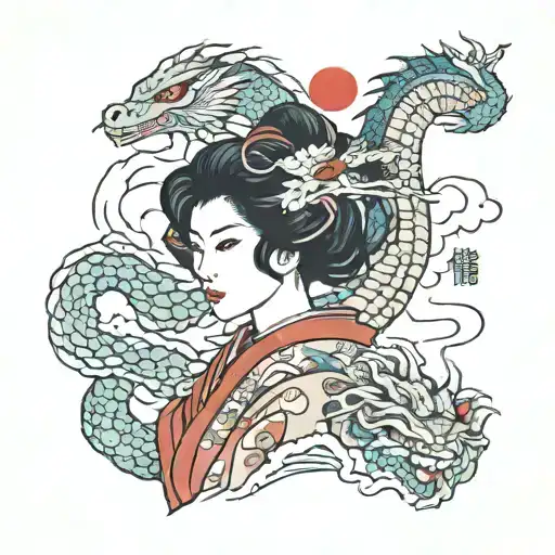 Ukiyo-e Geisha And Dragon