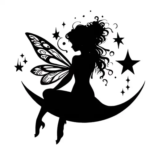 Fairy Sitting On Crescent Moon With Stars