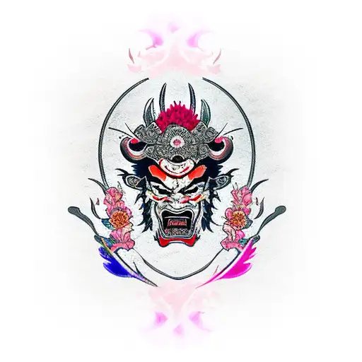 Samurai Hannya Mask With Flaming Purple Eyes And Pink And Red Flowers Around It
