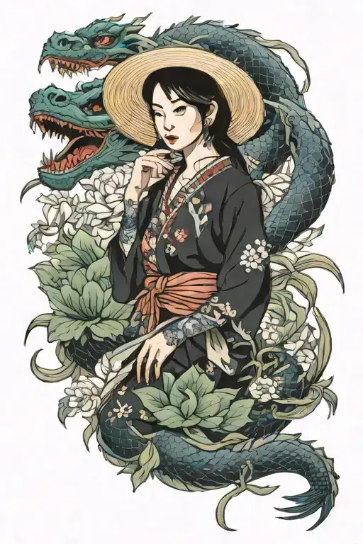Vietnamese Girl In Straw Hat In Front Of The Vietnamese Dragon With Lotus Flowers