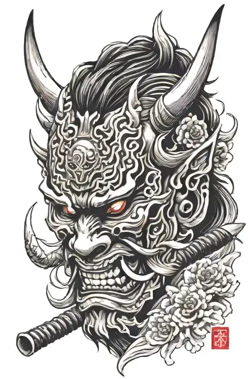 Oni Mask With A Samurai Warrior