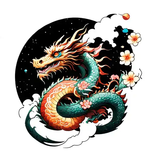 Dragon Climbing On Tower With Flowers And Universe On Top