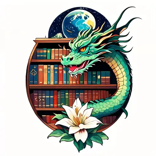 Dragon With Bookshelf With Lilies And Universe On Top