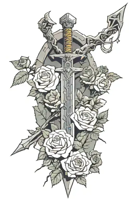 Legend Of Zelda Master Sword Stuck In A Rock With Overgrown Thorns Surrounded By Roses