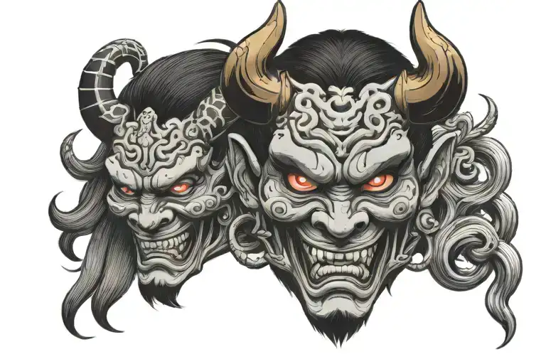 Japane Wawes And Oni Demon Mask