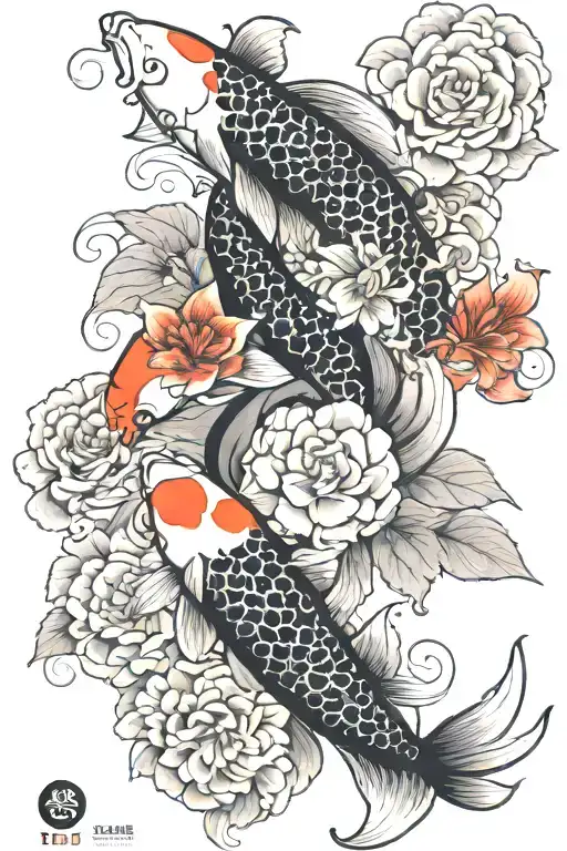 Koi Fish Ying Yang Flower Blooming