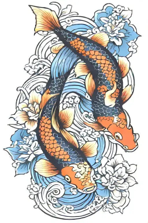 Koi Fish Ying Yang Flower Blooming