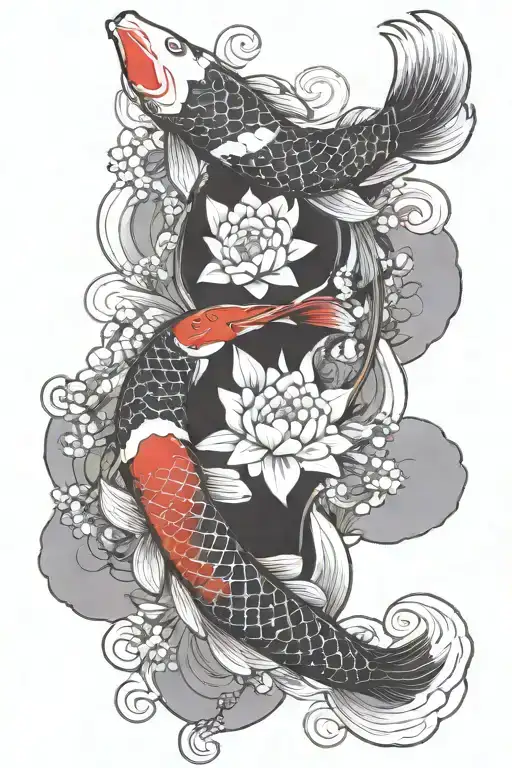 Koi Fish Ying Yang Flower Blooming