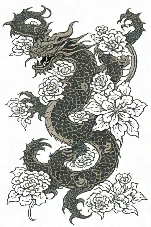 Dragon And Japanese Flowers Blooming