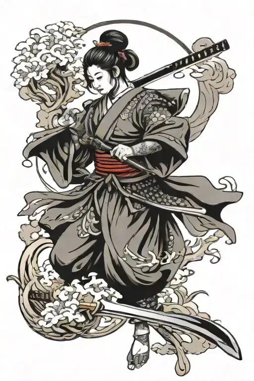Samurai Girl Holding A Sword Full Sleeve Tattoo Design
