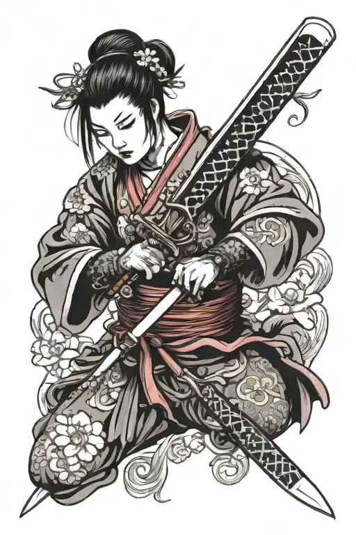Samurai Girl Holding A Sword Full Sleeve Tattoo Design