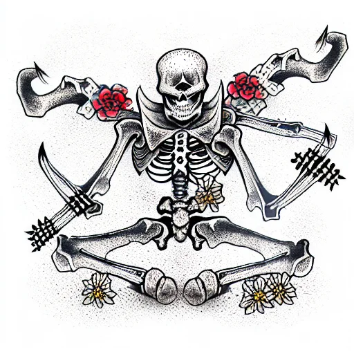 A Skeleton Wearing Viking Chainmail Laying On The Ground With Grass And Flowers