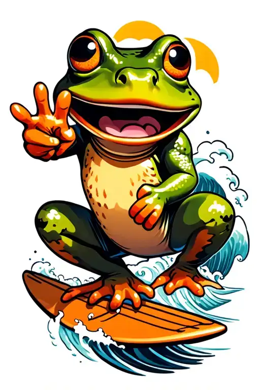 Cartoon Frog Surfing Wave Throwing Up A Shaka Sign