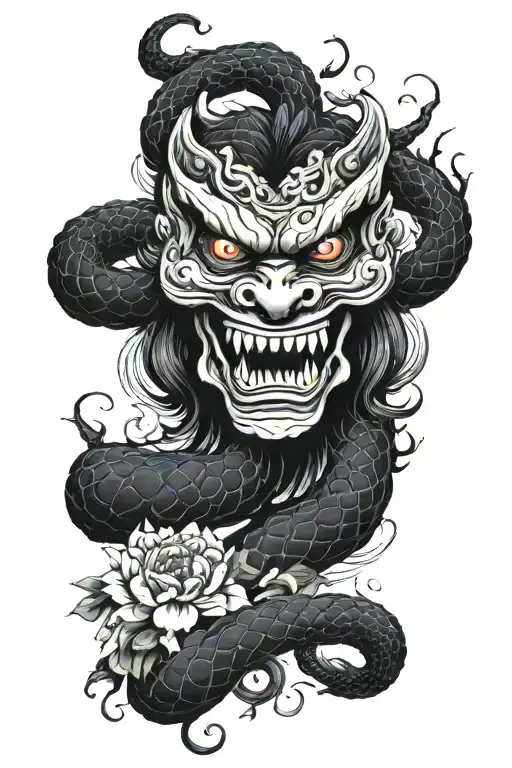 Oni Mask Biting Snake Intertwined And Dahlia Flower