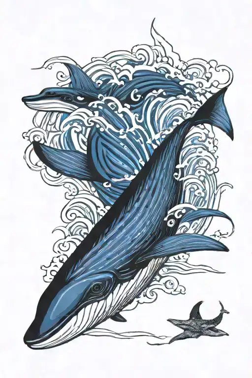 Blue Whale Swimming Peacefully In The Sea Black Japanese Style Cover Up Tattoo Pattern