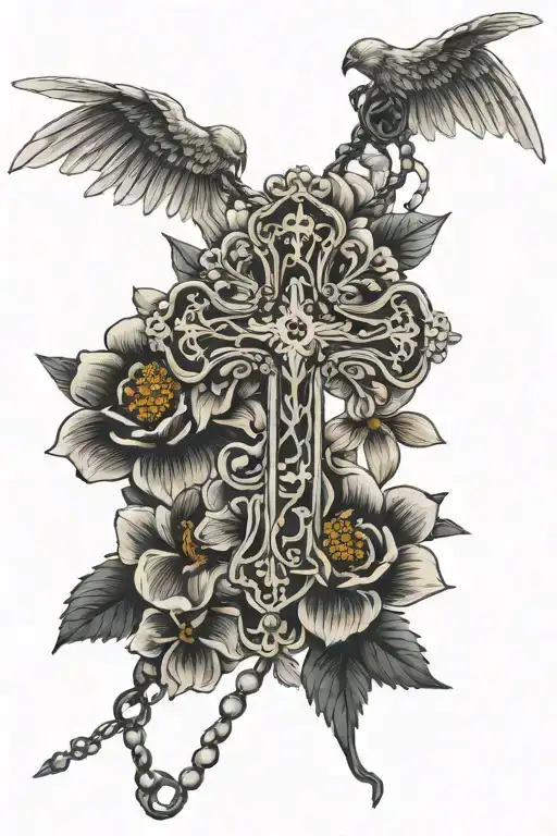 Cross Rosary Wings Flowers Wrapped