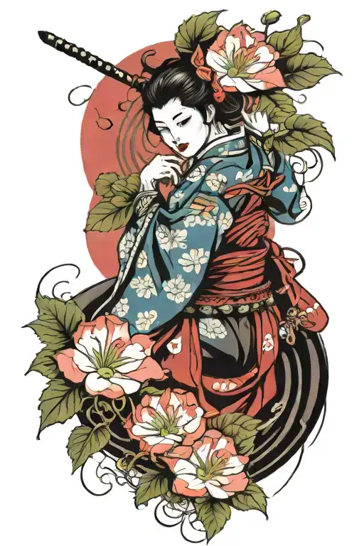 Japanese Woman Samurai Warrior Feminine Demon In Morning Glory