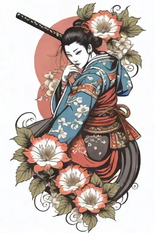 Japanese Woman Samurai Warrior Feminine Demon In Morning Glory