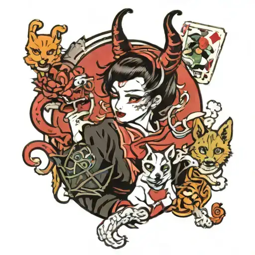 Dogs Sitting Devil Girl Holding Buterlfy Joker Card
