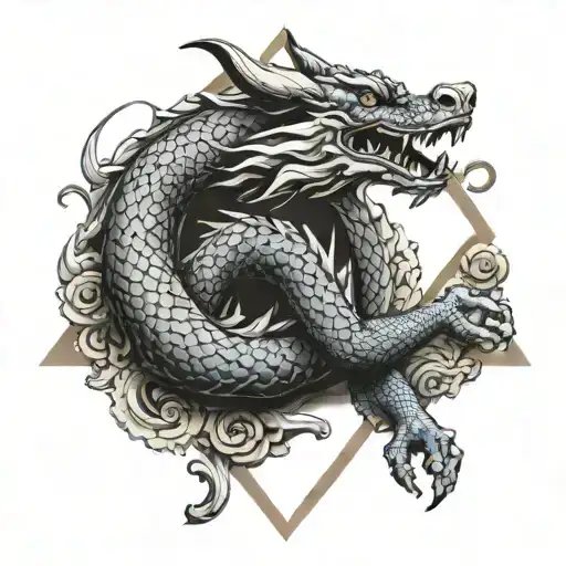 Dragon Curled Around A Fox Curled Inside A Triangle Pointing