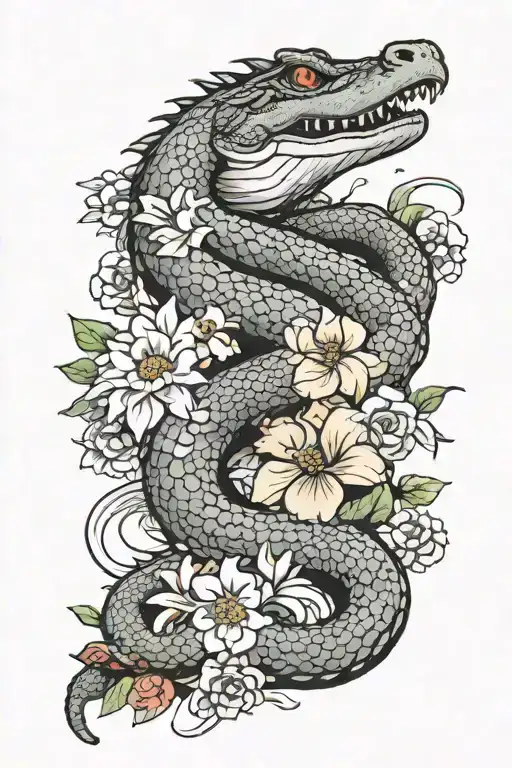 Crocodile And Snake With Flowers