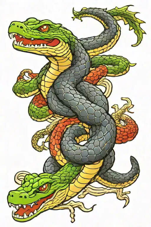 Snake Coiled Around Crocodile