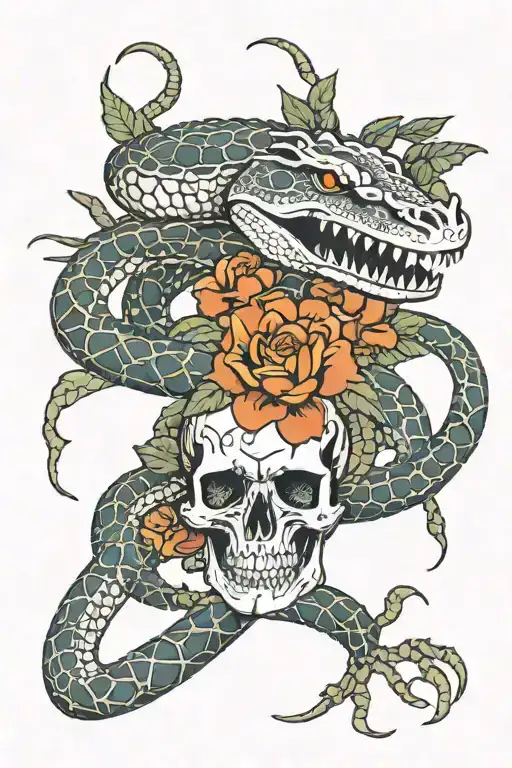 Snake Skeleton Wrapping Around Crocodile With Flowers