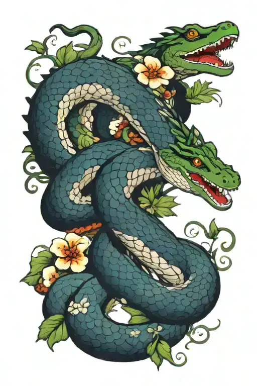 Snake Entwined With Crocodile And With Flowers And Vines