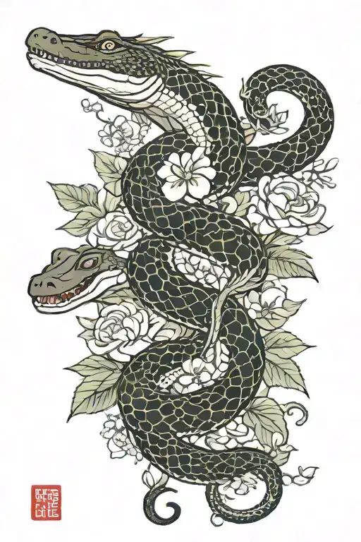 Snake And Crocodile With Flowers And Vines