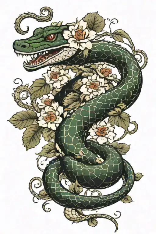Snake And Crocodile With Flowers And Vines