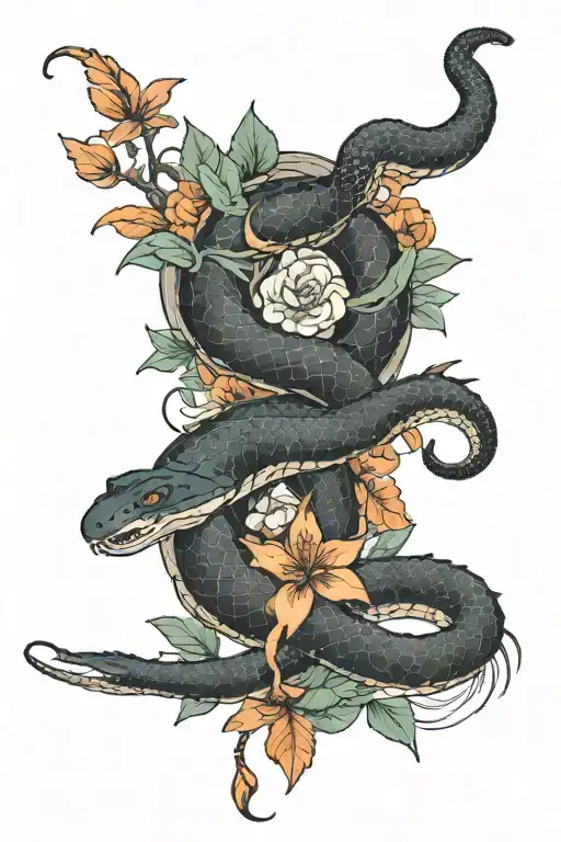 Snake And Crocodile With Flowers And Lilies