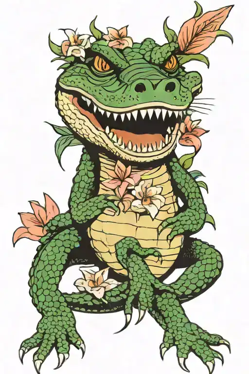 Crocodile With Snake And Flowers With Lilies