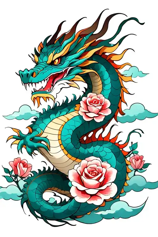 A Dragon And Roses And Clouds