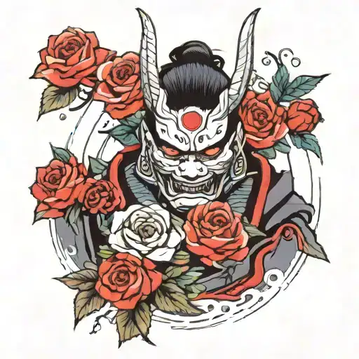 A Samurai With An Oni Mask Who Has A Bouquet Of Roses Instead Of A Sword