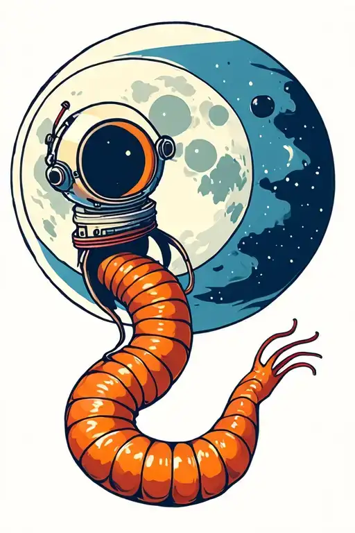 Wes Anderson Style Earthworm Wearing A Space Helmet Floating In Front Of The Moon