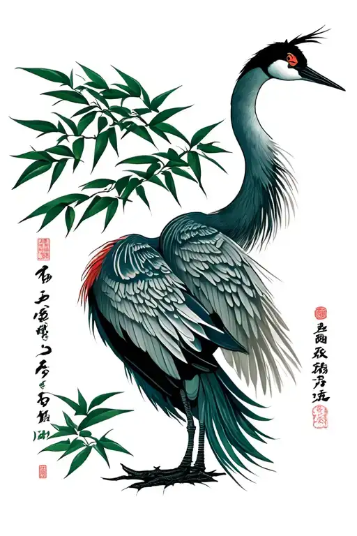 Japanese Crane In Bamboo Forest